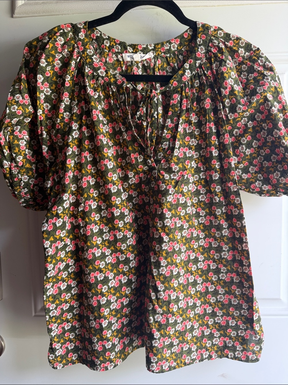 Workshop Olive Floral Peasant Blouse with Pink & White Flowers, medium.